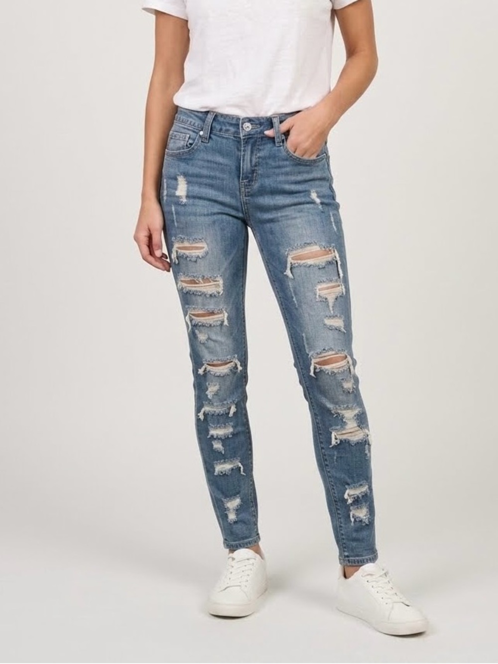 Eunina Mia Mid Rise Relaxed Skinny Cropped Distressed Jeans 1